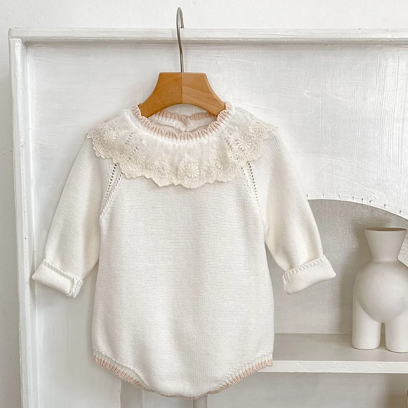 2025 New Autumn 0-24M Children Clothes Newborn Baby Girls Knitted Bodysuits Long Sleeves Lace Splice Korean Style Climbing Suit