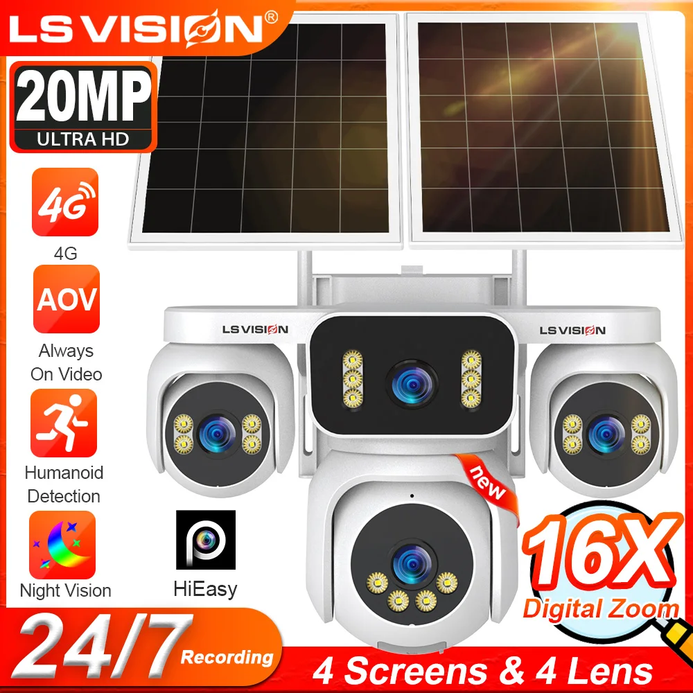 

LS VISION 10K AOV 4G LTE Solar Camera Outdoor Security Camera 16X Zoom 24/7 AOV Recording Four Lens Auto Tracking Human Motion