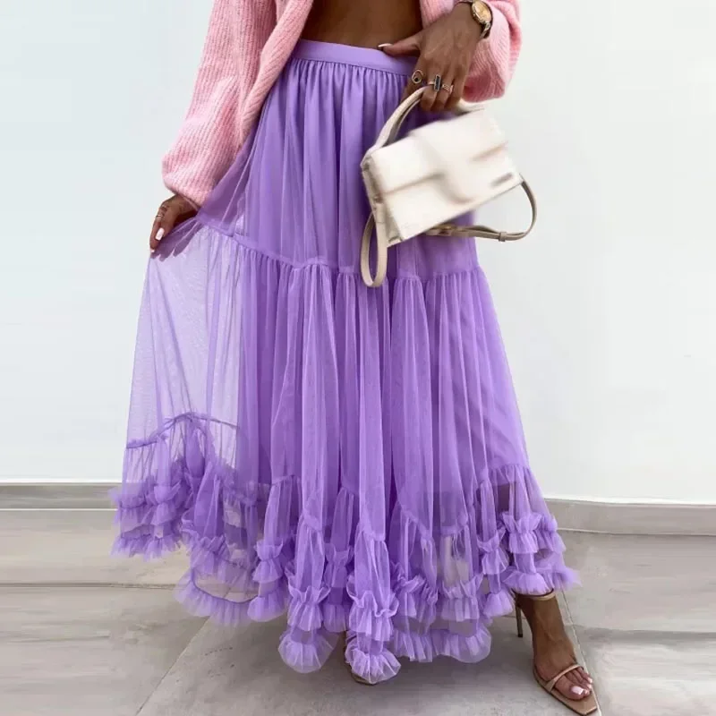 Fashion High Street Versatile Commuter Skirt Chic Mesh Pleated Splicing Sweet Ladies Solid Color Cake Skirt Party Dress OFE15