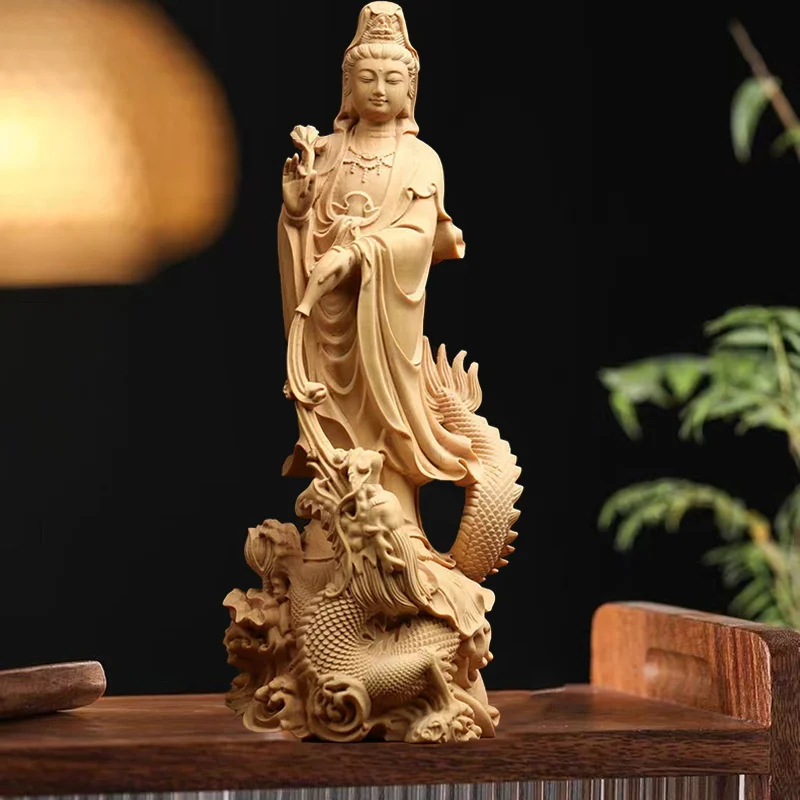 

Natural Wood Dragon Guanyin Buddha Statue, Traditional Hand-carved Chinese Buddhist Figures Home Living Room Feng Shui Statue