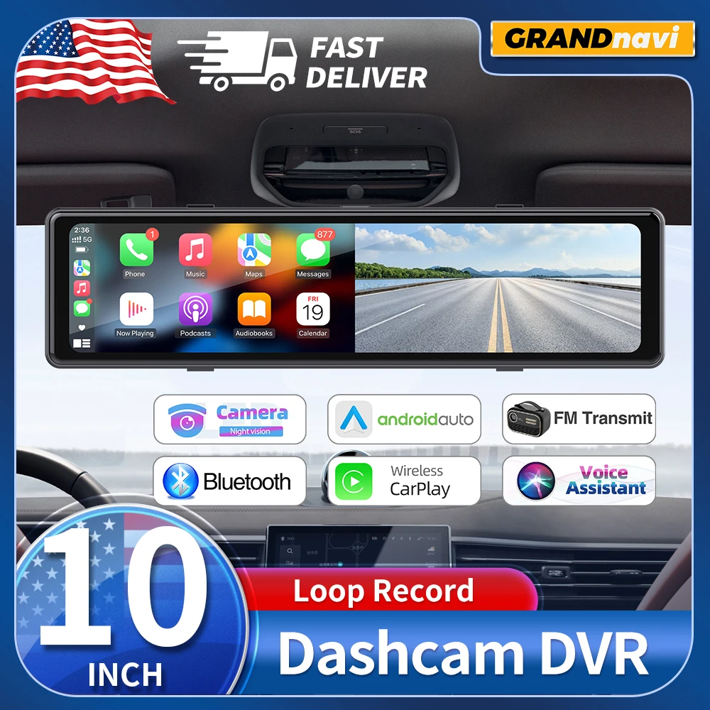 Grandnavi 3 Cameras Car Dash Cam Carplay Android Auto Rear view Mirror Video Recording Car DVR 1080P Navigation Voice Control