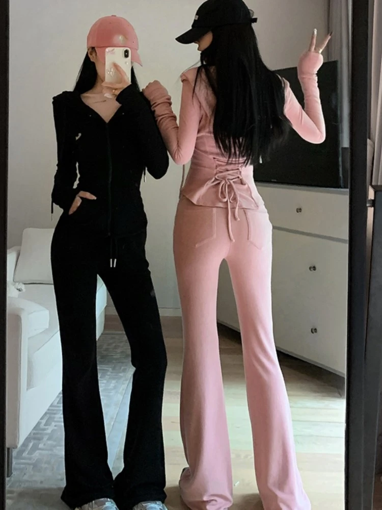 Y2K High Street 2-Piece Set Tracksuit Women Hooded Zip Up Slim Coat + Drawstring Wide Leg Pants Autumn Korean Fashion Outfits