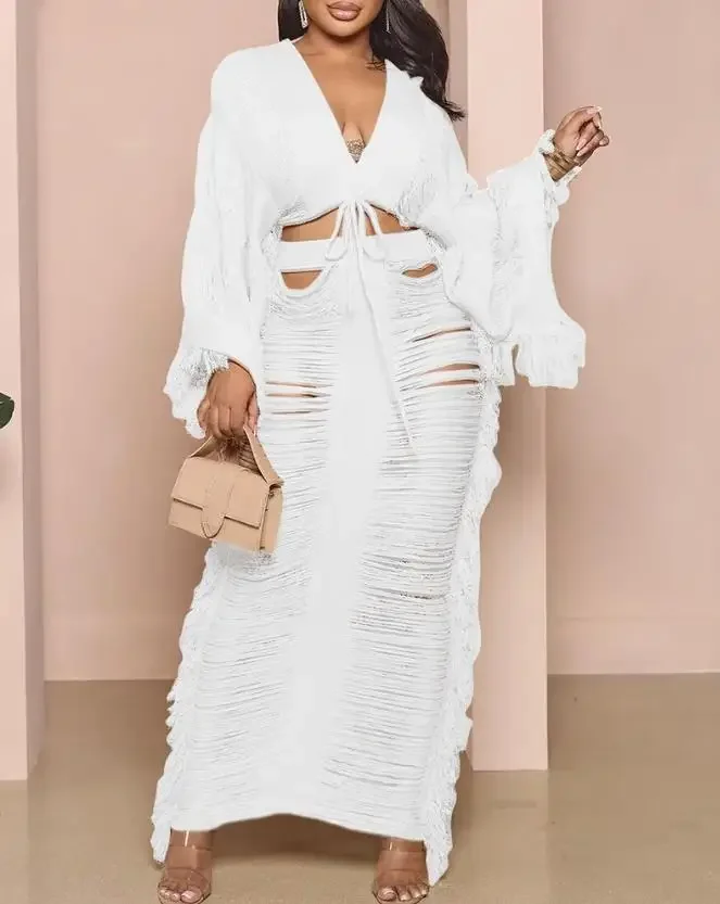 CPSYMYM – ensemble deux pièces pour femmes, tenue d'été ajourée, col en v, manches longues, haut court et jupe Maxi quotidienne unie, Sexy