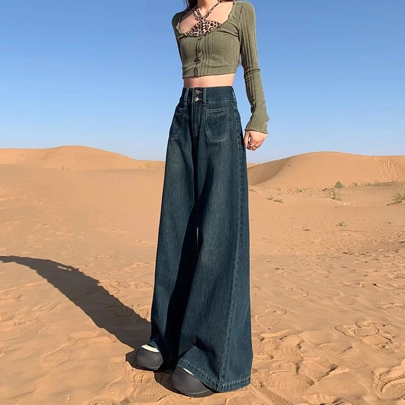 

Women's Double Button Design Straight Wide Leg Jeans Personalized Trousers Cool Girl Casual Bottoms Female Street Denim Pants