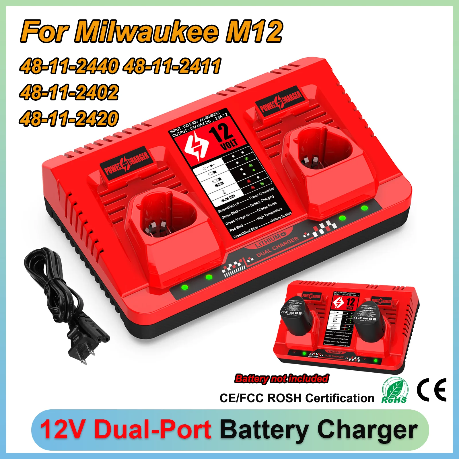 

For Milwaukee 12V Dual Ports Charger Replacement Battery Charger for Milwaukee M12 N12 Lithium Battery 48-11-2401,48-11-2420