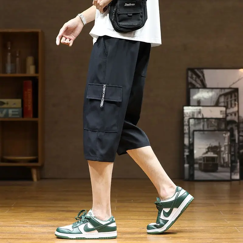 Summer Casual Fashion Simple Loose Thin Ice Silk Cargo Shorts Men New Solid Elastic Waist Drawstring Sports Straight Short Pants