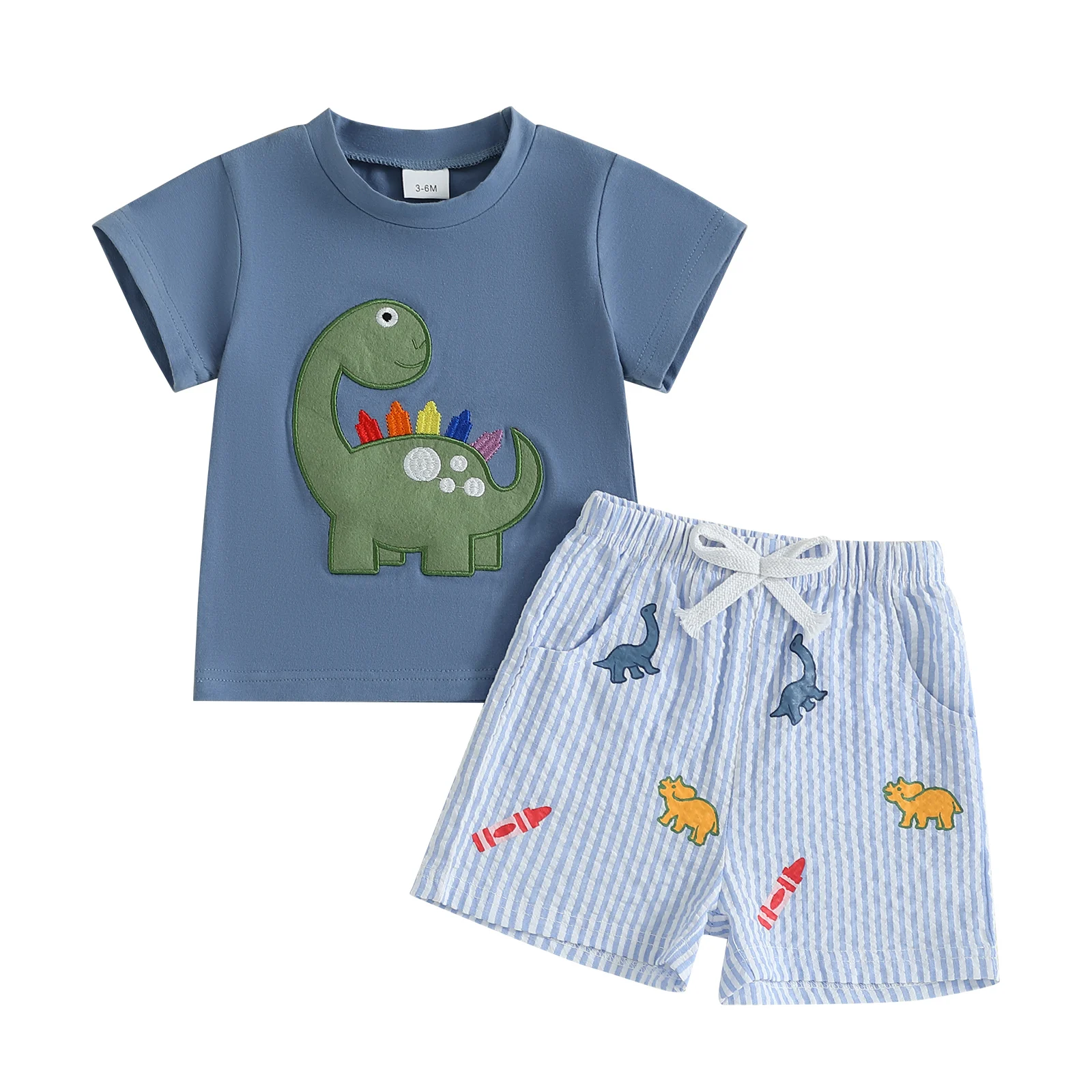 1-6Y Boys Summer Shorts Sets Kids Short Sleeve O Neck Dinosaur Embroidery Tops and Striped Shorts Sets