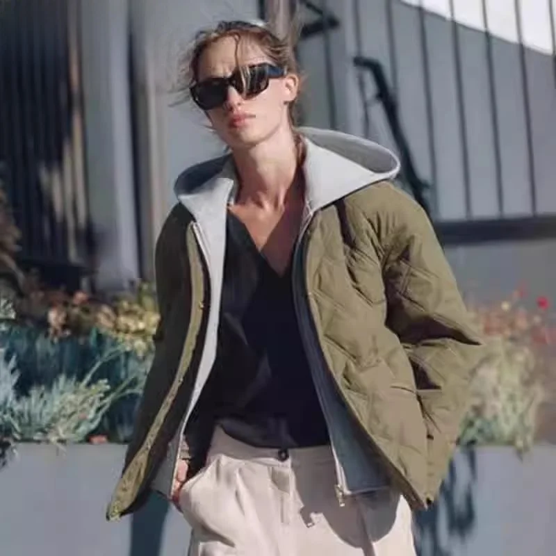 

Autumn Winter New Sle Women's Loose Diamond Patterned Patchwork Hooded Cotton Jaet Coat Korean Sle Long Sve Zipper