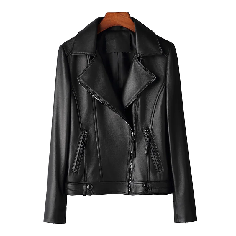 

2022 New High Quality Genuine Leather Short Jacket Women Spring Autumn Motorcycle Top Suit Collar Sheepskin Coat Black Outerwear