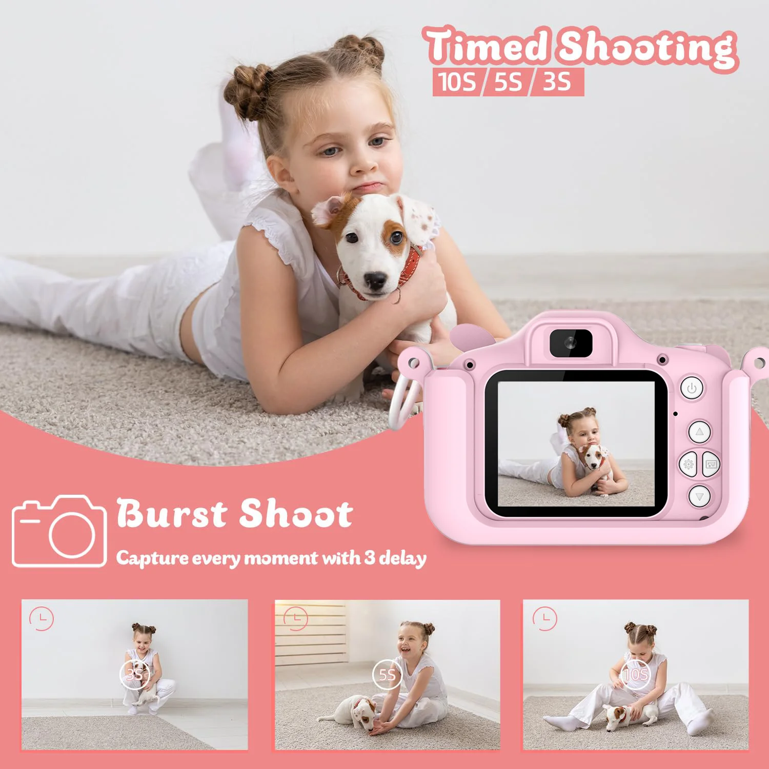 Kids' Camera with 64GB Memory Card and Card Reader 48MP Dual Cameras with 1080p HD Front and Rear Lenses Five Educational Games