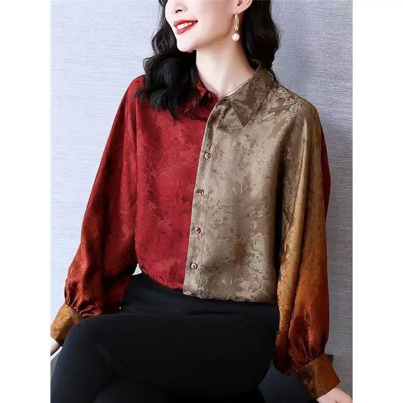 Ropa de mujer Vintage elegante Jacquard empalmado camisa otoño nueva mujer botón cuello vuelto moda Color a juego blusa