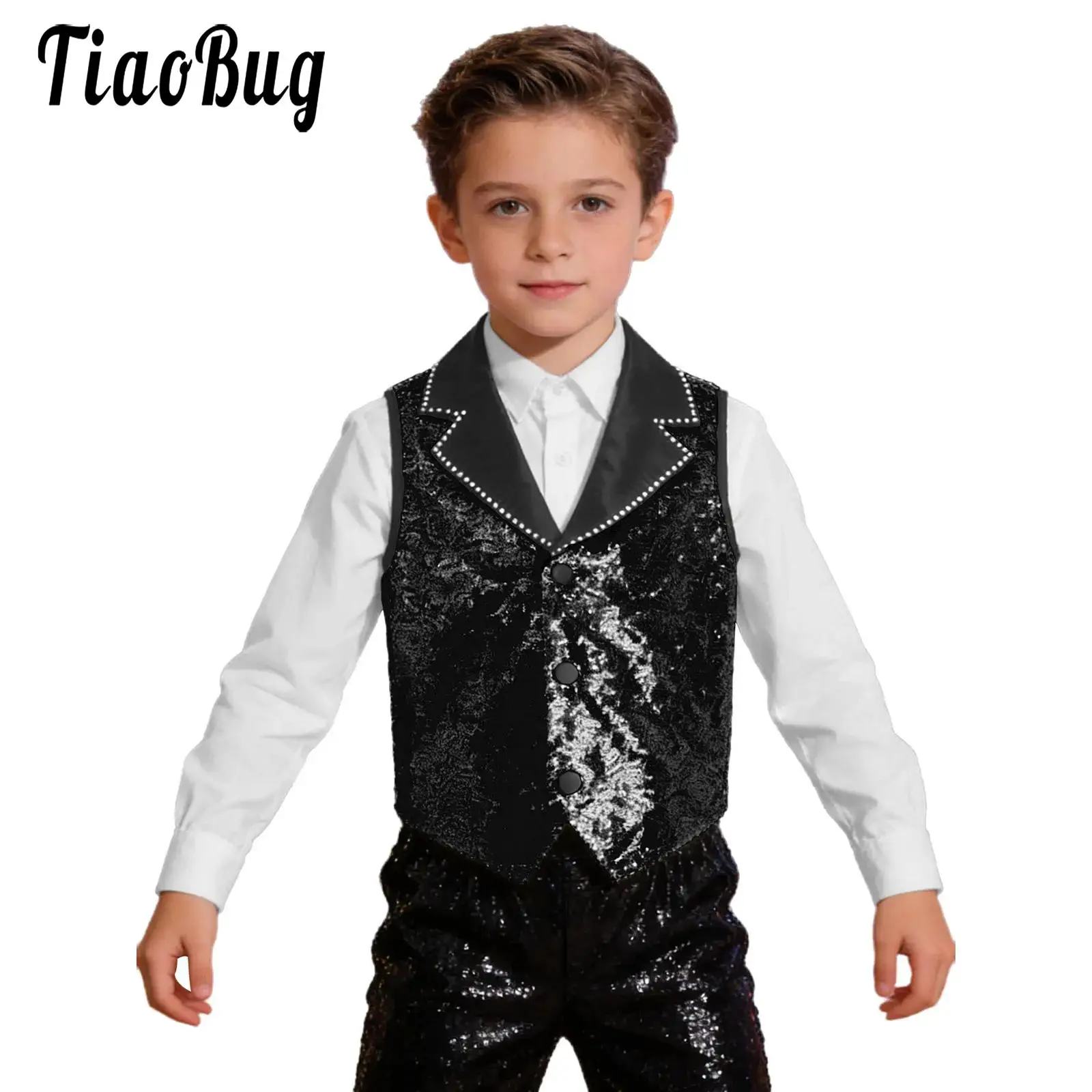 

Child Boys Sparkly Sequin Waistcoat for Jazz Tango Tap Dance Performance Costume Lapel Collar Sleeveless Sequined Gentlemen Vest