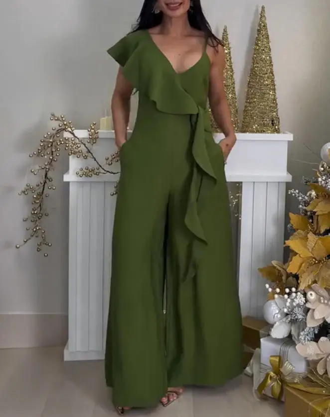 

Women's Jumpsuit Summer New Temperament British Style Solid Color Simple V-Neck Ribbon Splicing High Waist Wide Leg Jumpsuit
