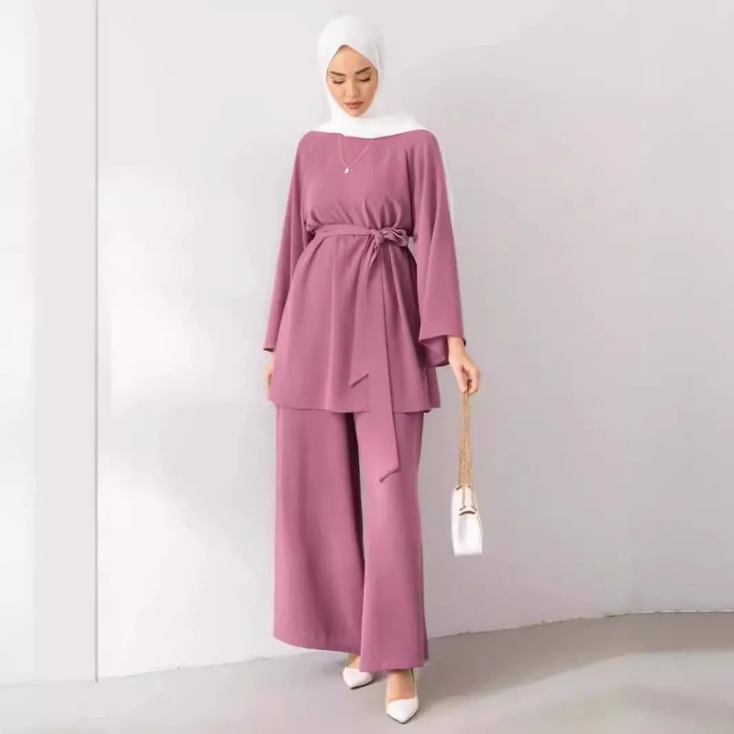 Conjunto de duas peças para mulheres muçulmanas, camisa com renda, calças de perna larga, Eid, Ramadã, Turquia roupas, modesto, Marrocos Abayas