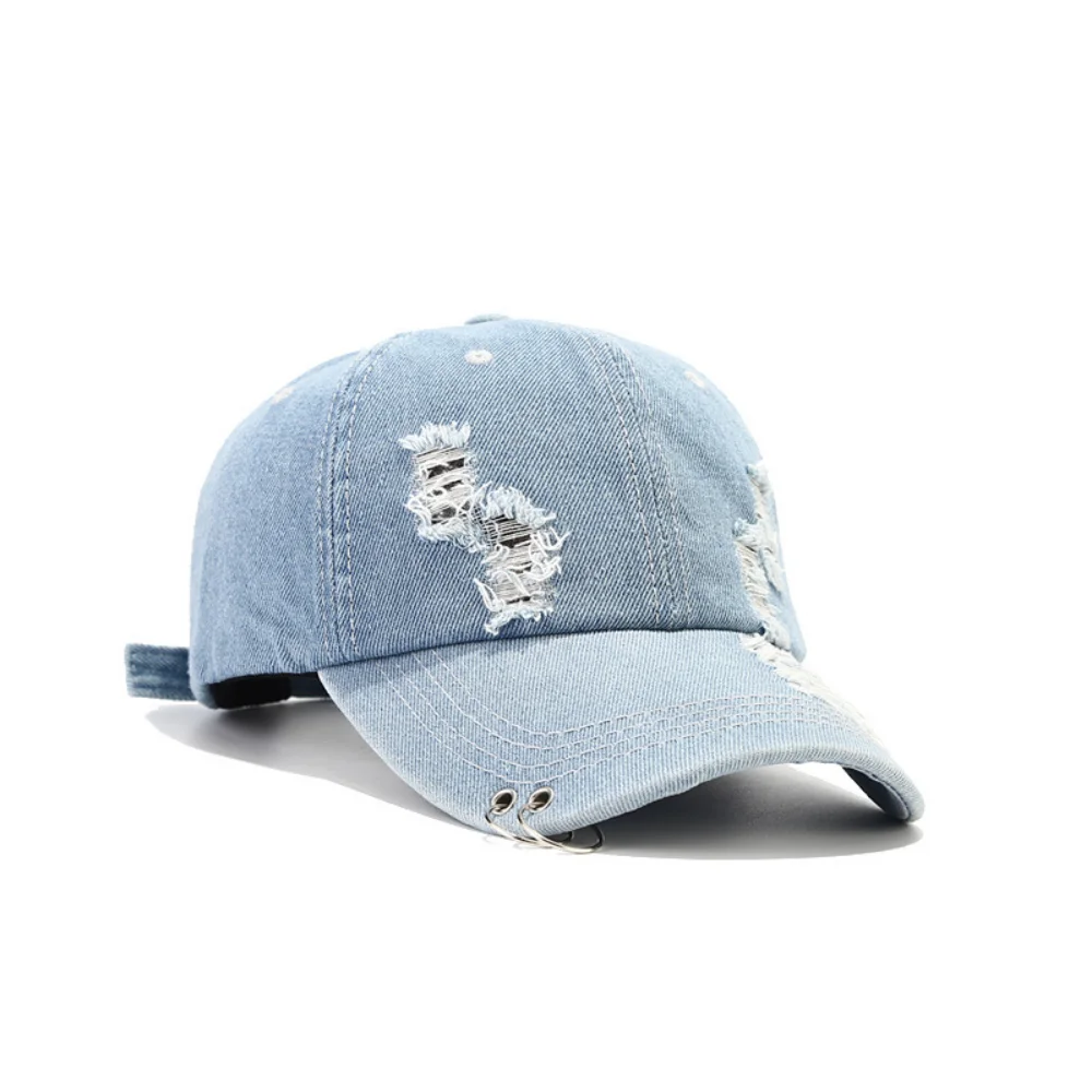 Punk Hip-Hop Style Unified Double-Layer Metal Ring Handcrafted Distressed Hole Design Denim Baseball Cap