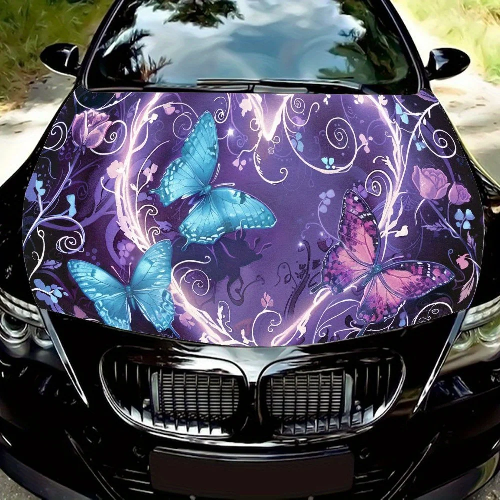 

Blue Butterfly Cosmic Aura Graphics Car Hood Vinyl Wraps Sticker, Car Engine Decal, Waterproof Self-adhesive Car Packaging Cover
