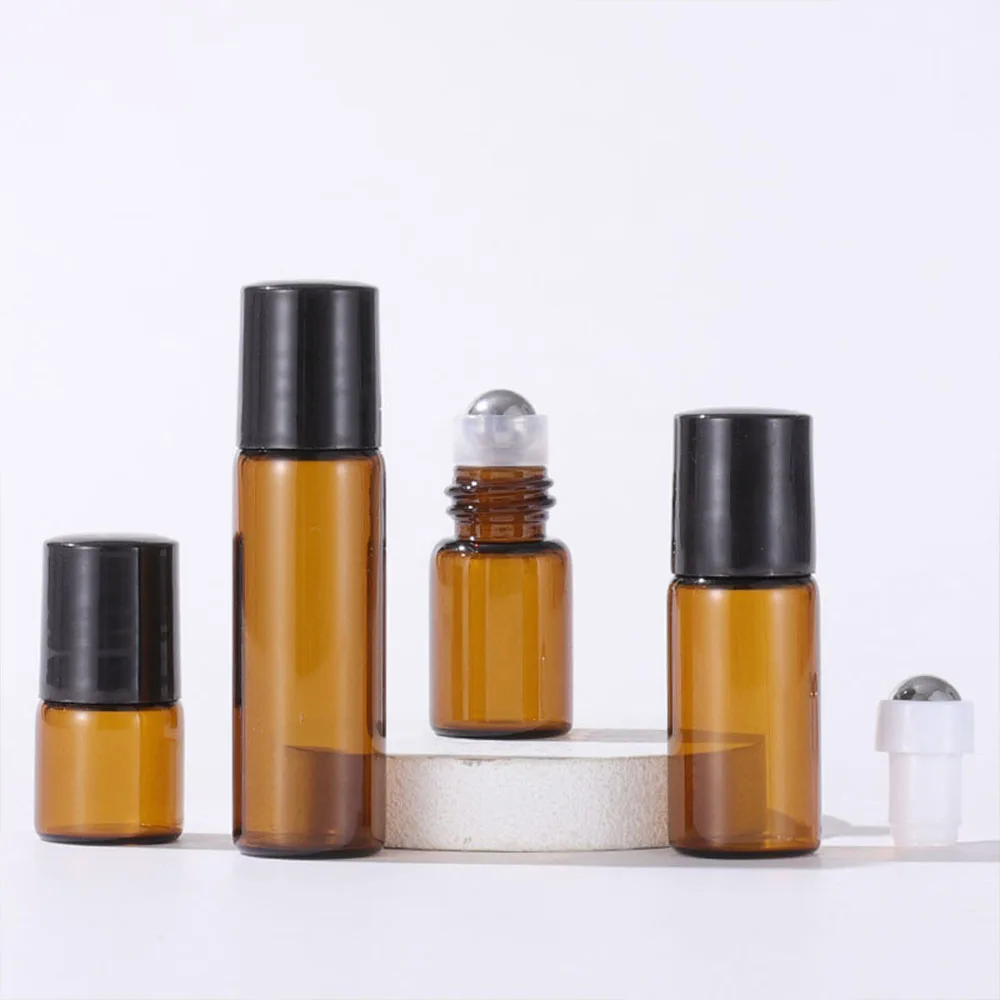 

20/50/100pcs 1ml 2ml 3ml 5ml 10ml Amber Glass Empty Roll on Bottle Essential Oil Perfume Sample Vials with Roller Metal Ball