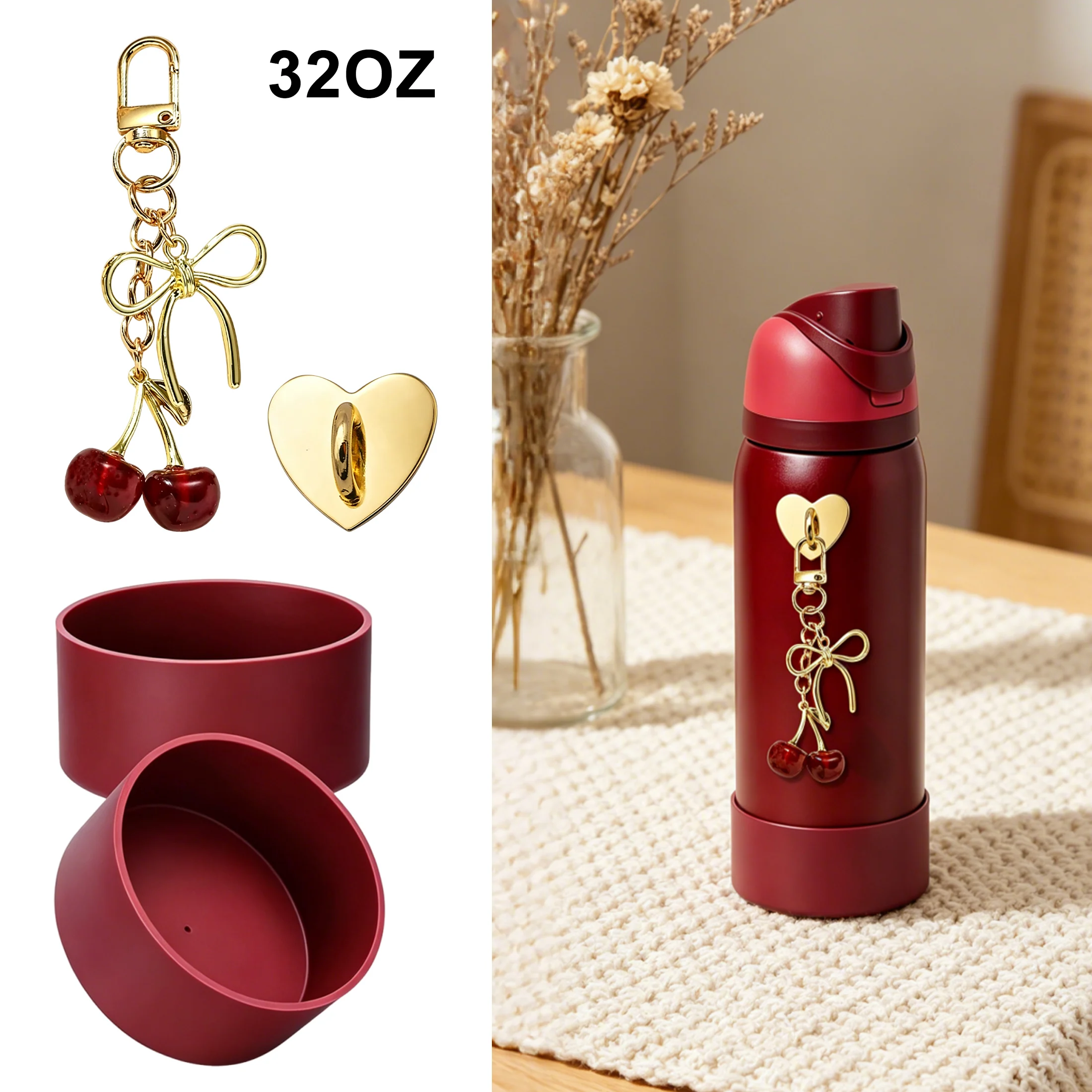 Black Cherry Charm & 2PCS Silicone Boot for Owala 20/24/30/32/40 oz, Perfect Water Bottles Accessories Set Pendant for Owala
