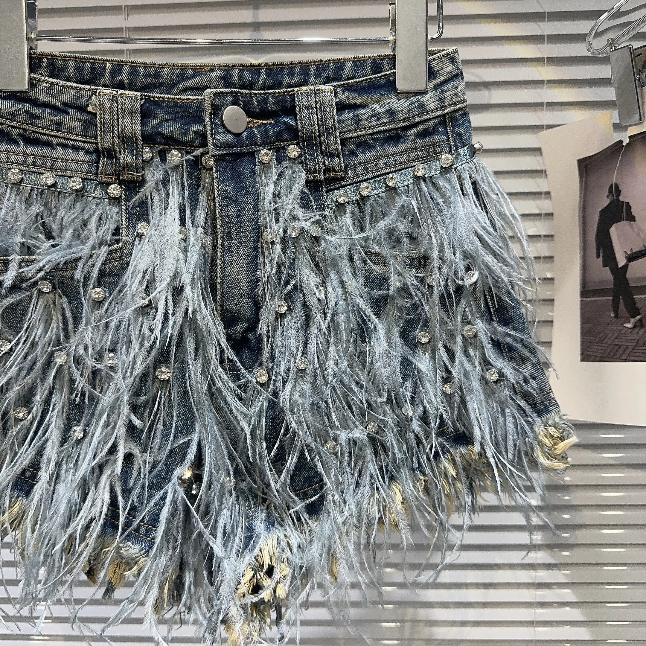 Fall 2023 Trendy Hot Girl Style Sequin Embellished Feather Trimmed Denim Shorts Women's Straight Leg Jeans Deep Color Natural...