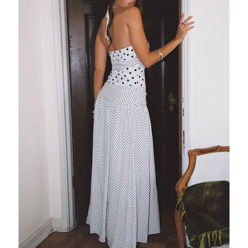 Combhasaki Women Summer Sleeveless Backless Lace-up Halter Ruched V-Neck Dot Print Ruffle Low Waist Beach A-line Long Cami Dress