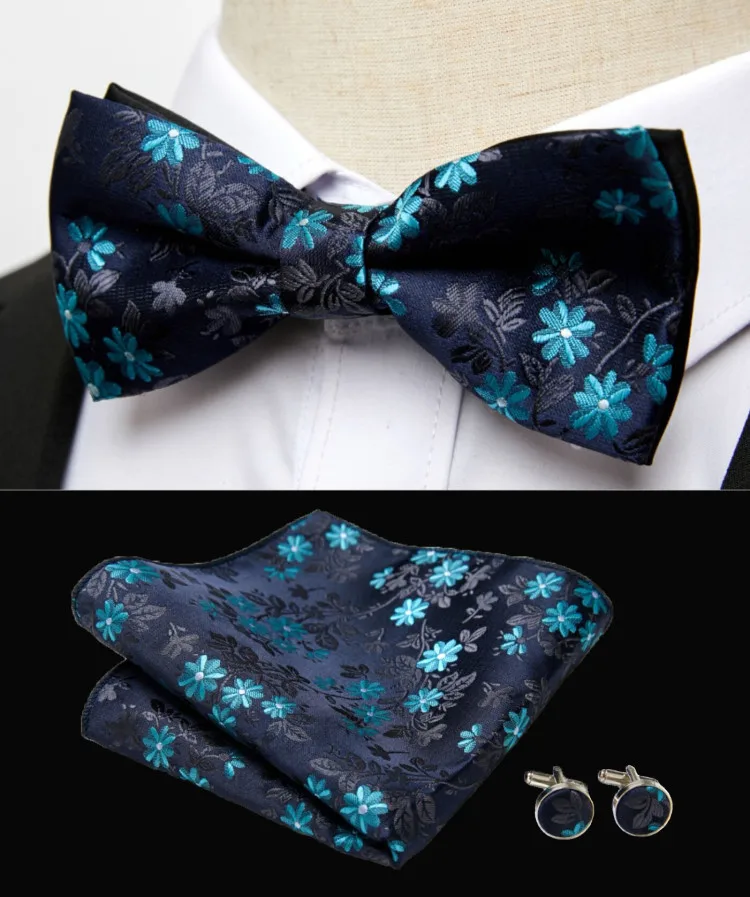 HUISHI Klassische blaue Fliege für Männer, Paisley-Blumenfliege, Einstecktuch, Manschettenknöpfe, Anzug-Set, Hochzeit, Party, kariert, solide Schmetterling – Detail 15