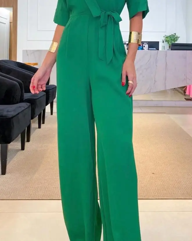 New Style 2024 Women's Jumpsuit Early Spring Casual Simple Half Sleeve Wide Leg Work Long Jumpsuit Temperament Commuting