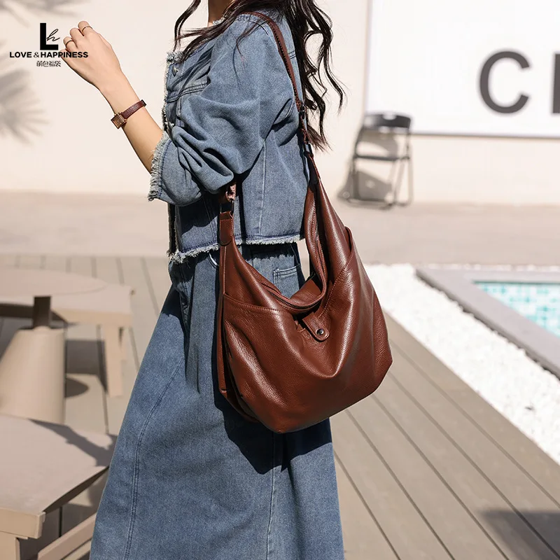 2024 High Quality Genuine Leather Women Crossbody Hobo Bag Vintage Cowhide Female Shoulder Messenger Stone Pattern Laides Purse