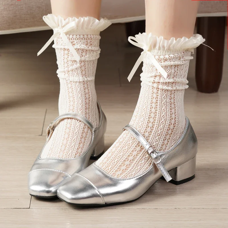 Damen Sommer Dünne Süße Mädchen Japanischer Stil Lange Socken JK Schleife Gerüschte Kniestrümpfe Ausgehöhlte Netzstrümpfe