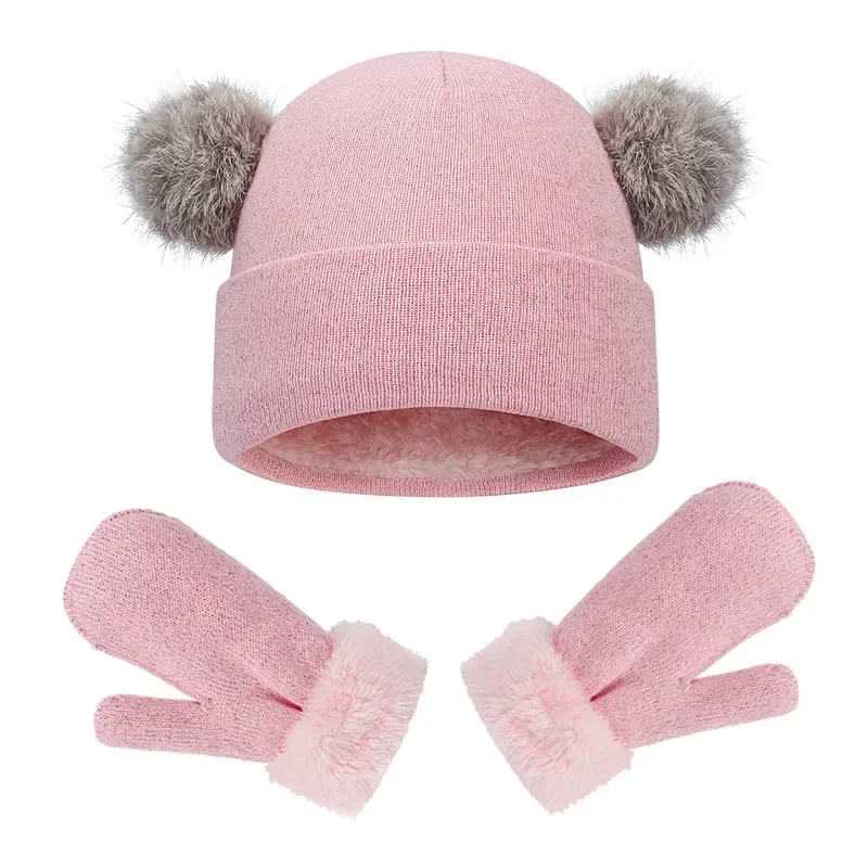 Kids Winter Knit Velvet Hat Gloves Scarf Set Soft High Elastic Warm Cute Gift for Children Outdoor Cold Weather Accessories