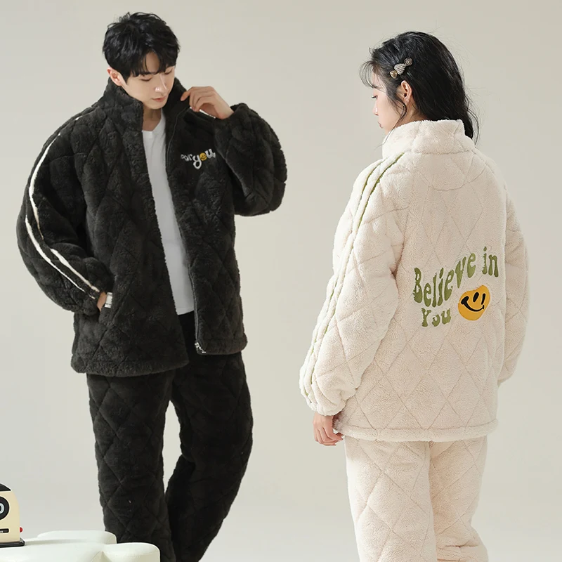 Winter Couple Pajamas Set 3 Layer Clip Cotton Pyjamas Women Men Warm Fleece Pijama Lovers Casual Home Clothing