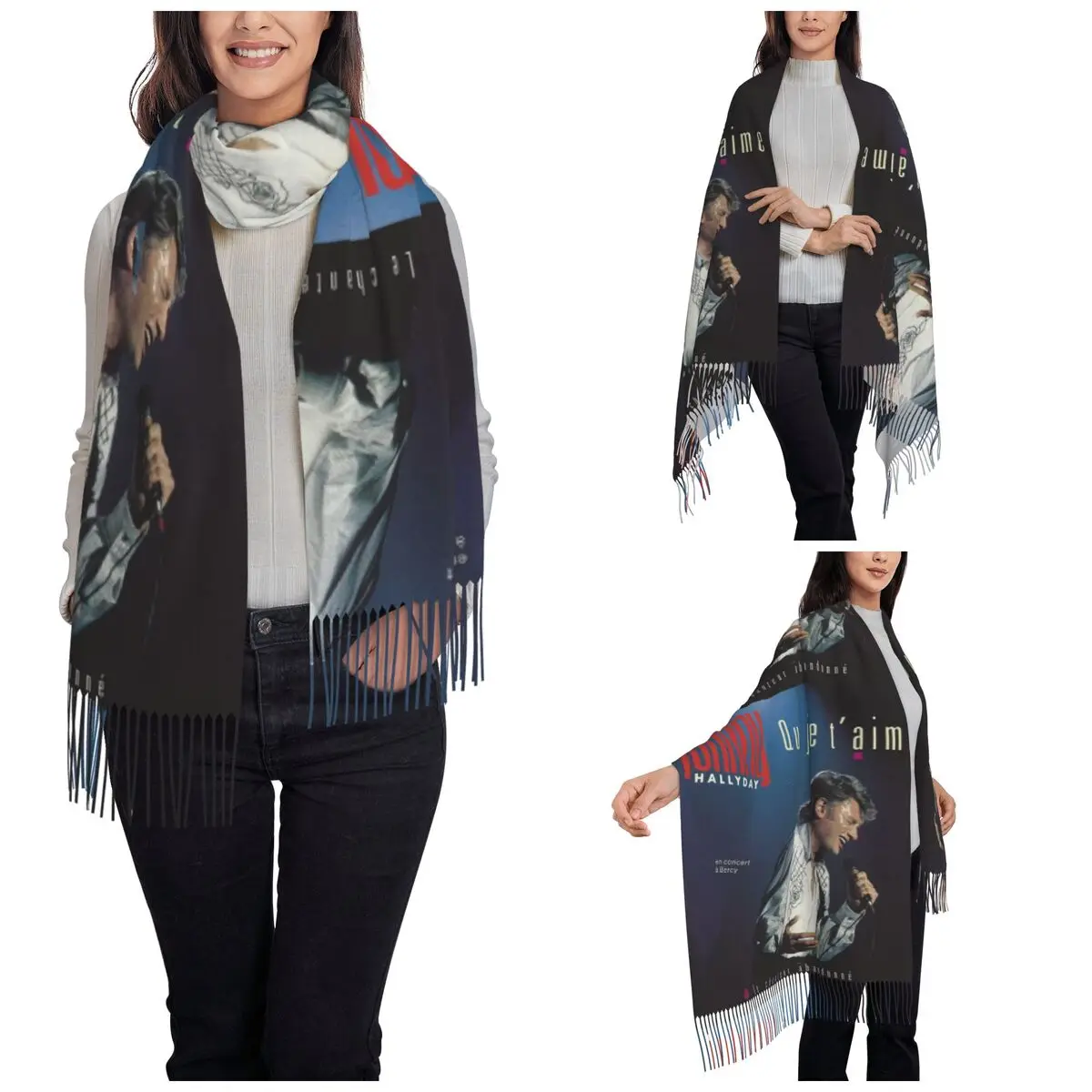 Women's Scarf with Tassel Johnny Hallyday Singer Large Soft Warm Shawl and Wrap Gifts Pashmina Scarves