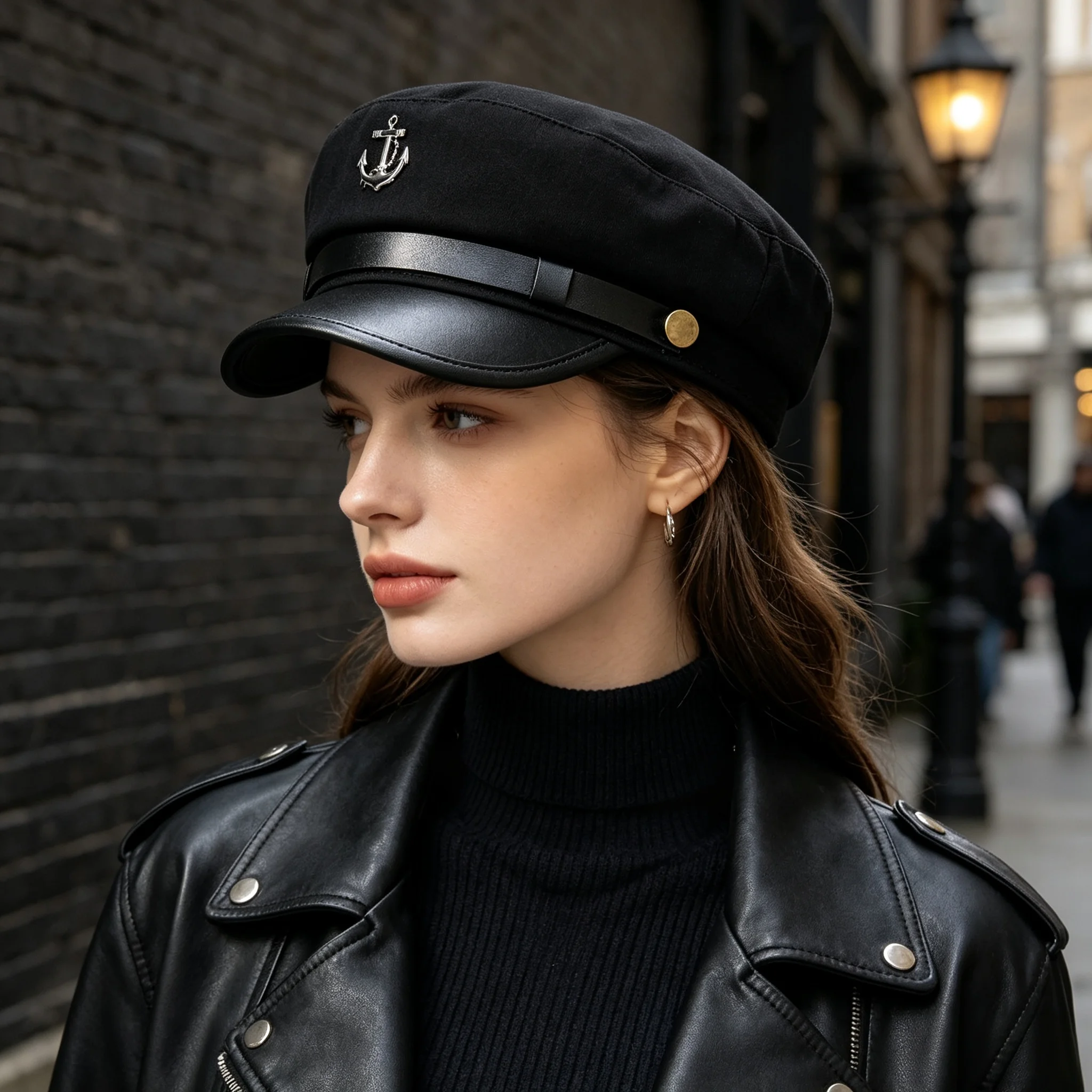 British Retro Sailor Anchor Emblem Octagonal Hat, Suitable for Large Head Sizes, Does Not Restrict Face Shape, Available in Multiple Colors, Leather Brim with Belt Buckle Details, Versatile Autumn and Winter Newsboy Flat-Top Hat