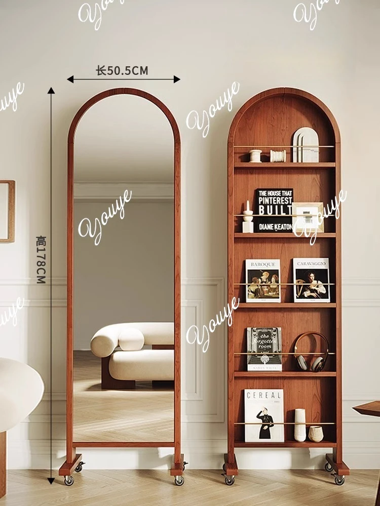 

French retro multi-functional solid wood full-length mirror floor storage magazine rack book mirror newspaper rack movable full-
