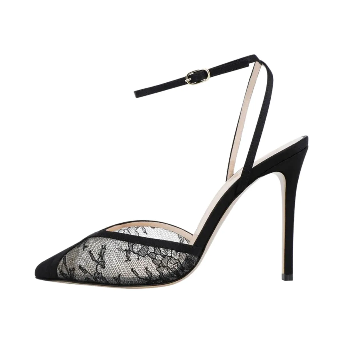 

Arden Furtado Summer Black Lace Banquet Shoes Pointed-toe Stilettos heels One word buckle Sandals large size Modern Sandals