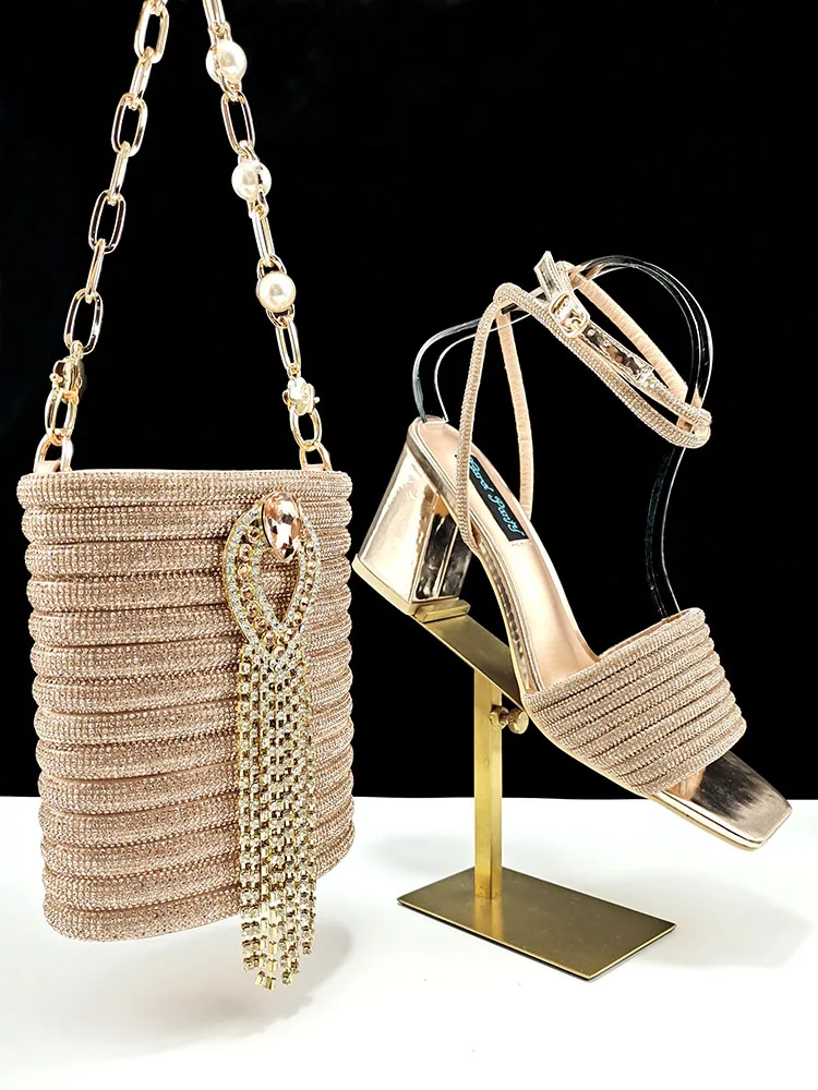 Hot Selling Ladies Sandals and Bag Crown Diamond Design And Long And Short Double Chains Bag for Party Wedding