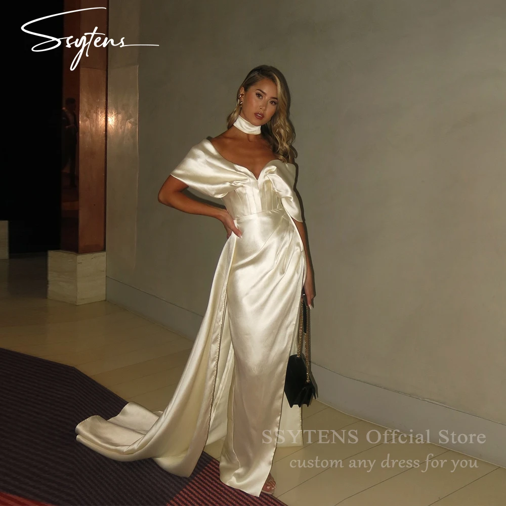 

SSYTENS Sexy Ivory Cocktail Evening Dresses Off The Shoulder Ceremony Satin Slit Homecoming Prom Party Gowns Women Customized