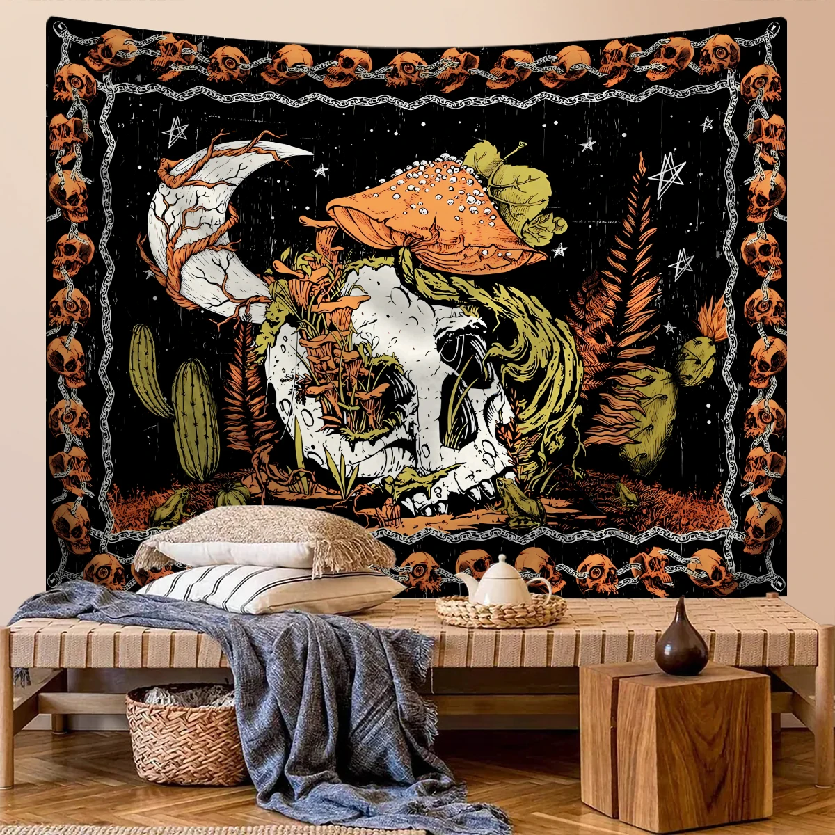 1pc Gothic Skull Tapestry, Human Skull Tapestry, Moon Starry Sky Mushroom Tapestry, Bedroom and Living Room Aesthetic Decoration