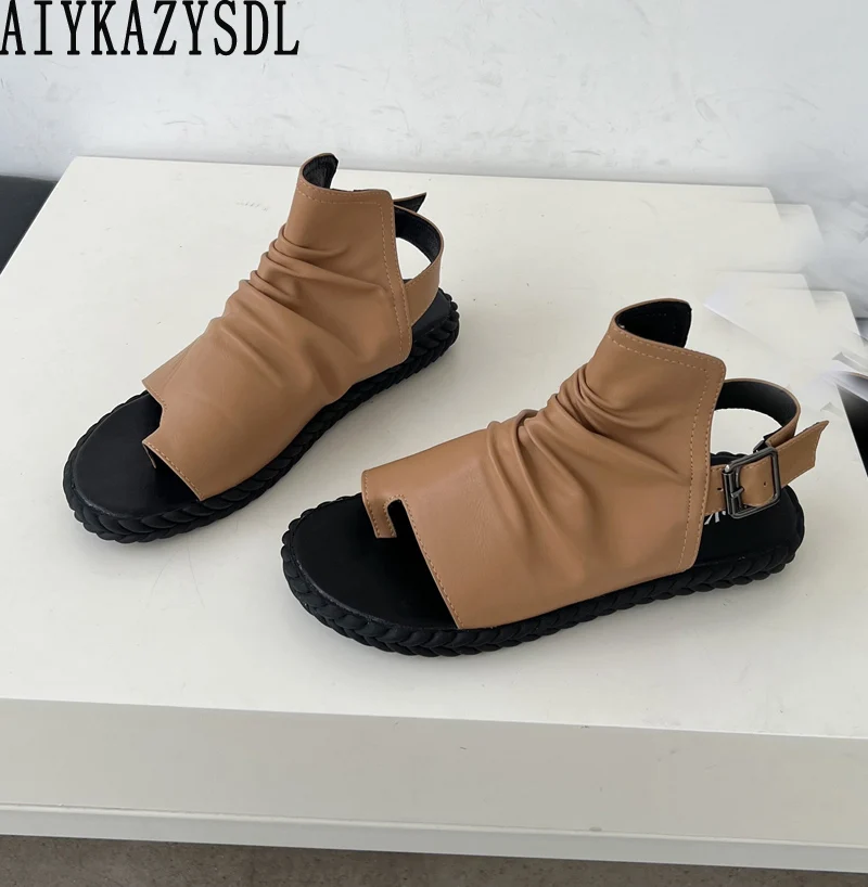 AIYKAZYSDL Casual Sprot Rome Gladiator Sandals Comfort Shoes Women Ring Toe Pleated Leather Back Strap Ankle Bootie Flat Heel