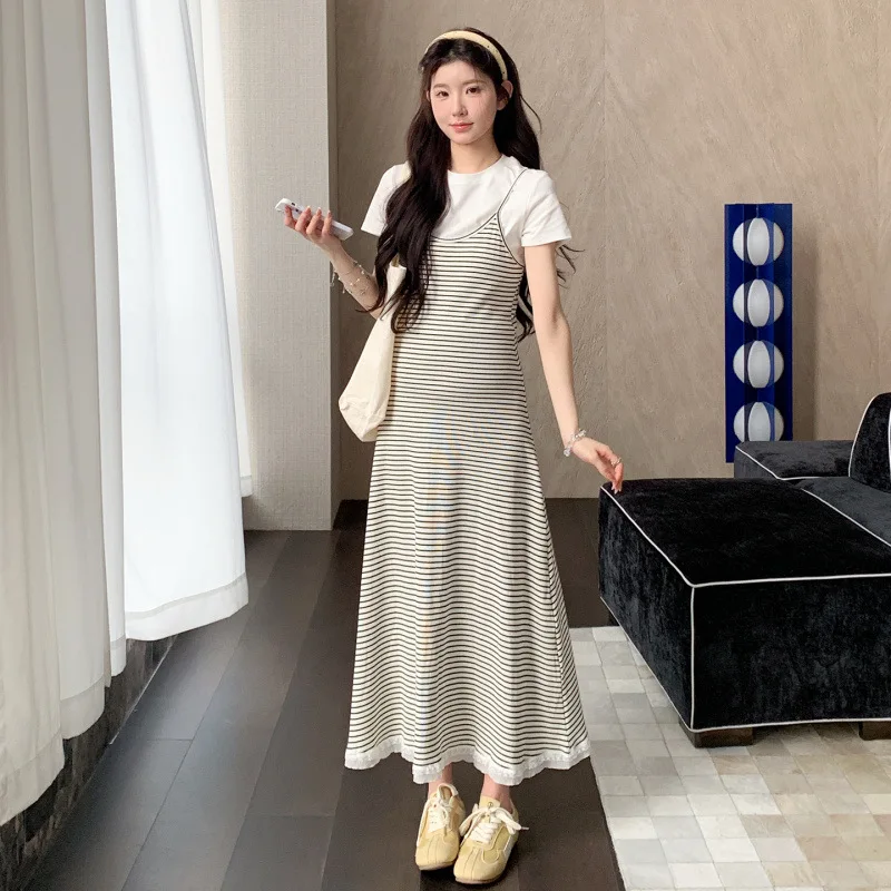 Maternity Suit Summer 2026 White T Shirt and Striped Spaghetti Strap Long Dress with Lace Hem for Pregnant Women Minimalist