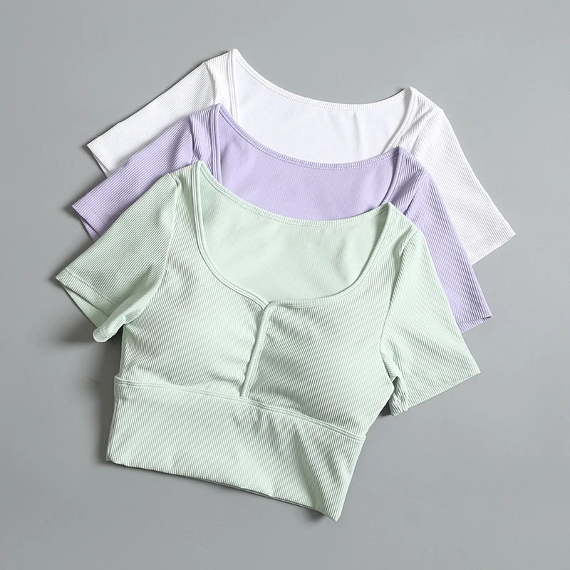 

Yoga suit with chest pad for women Pilates training bodysuit quick-drying high-end running sports short-sleeved T-shirt summer