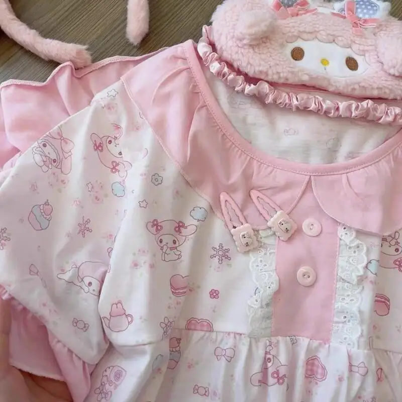 New Women's Summer Pajamas All Over Printed My Melody Lace Short-Sleeved Dress Girl Casual Home Wear Nightgown Cute Cartoon Ins