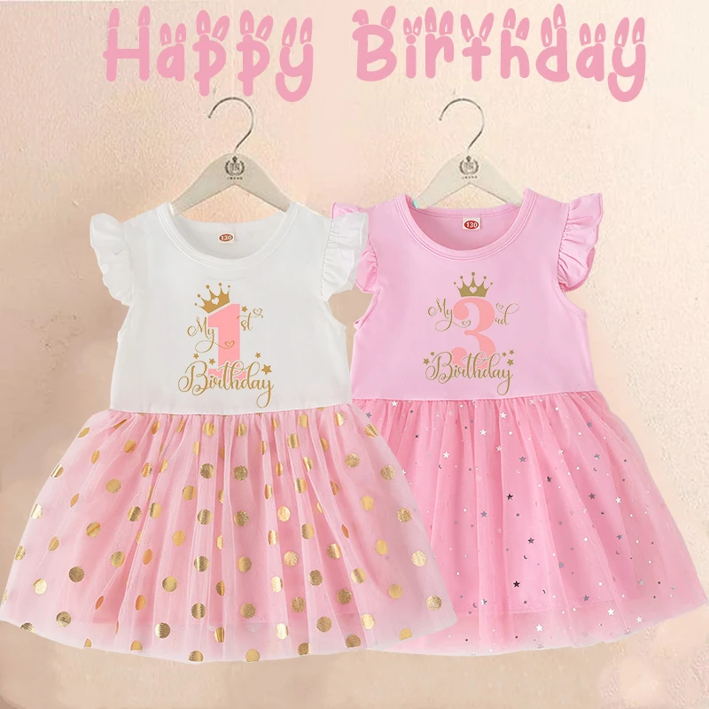 My 1st Birthday Little Girls Pink Dress Kid Princess Tutu Dresses Baby Birthday Party Outfits Toddler Short Sleeve Gold Dot Star