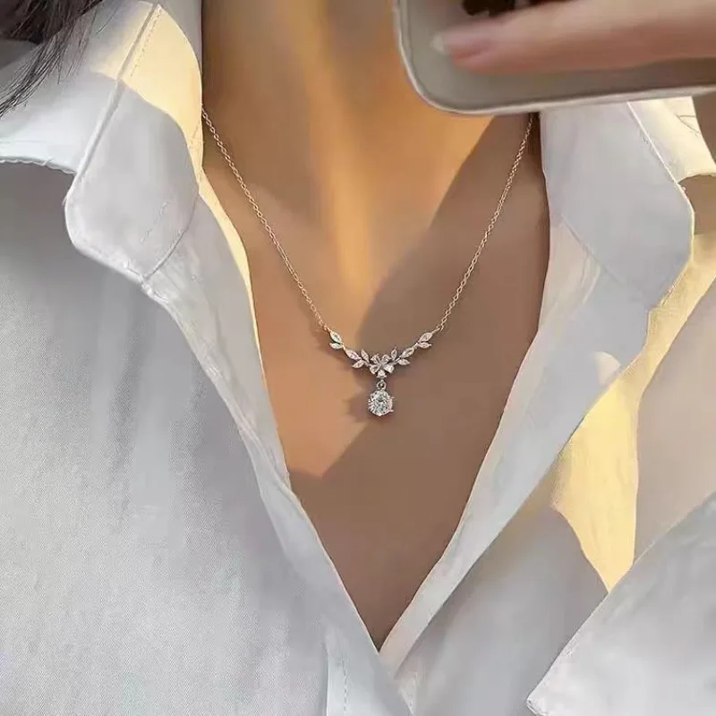 Luxuriöse 925 Sterling Silber Halskette mit Blätter-Anhänger für Damen, Hochzeit, Verlobung, Modeschmuck, 5A Zirkon, Klassisches Geschenk für Partys – Detail 3