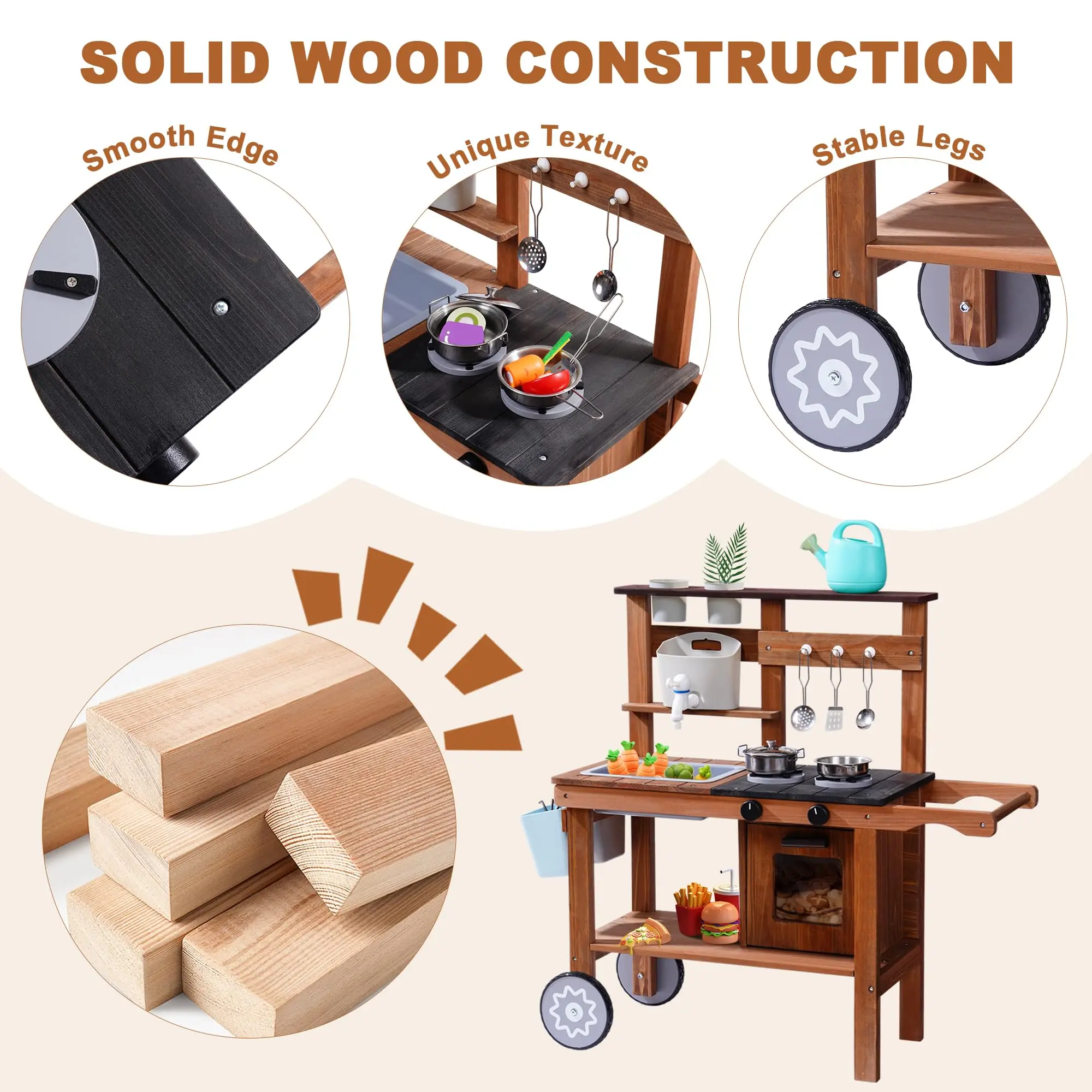 ROBOTIME ROBUD Cuisine de boue en bois extérieure avec roulettes Cuisine de jeu avec évier et robinet amovibles, jouets Monteeori pour enfants âgés de 3 ans et plus