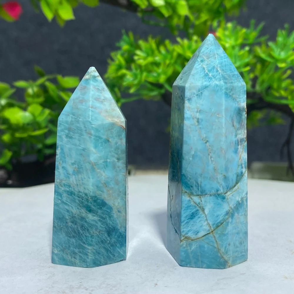 Natural Crystal Blue Apatite Polished Gemstone Hexagonal Obelisk Column Quartz Wand - for Spiritual Meditation Healing Home Deco