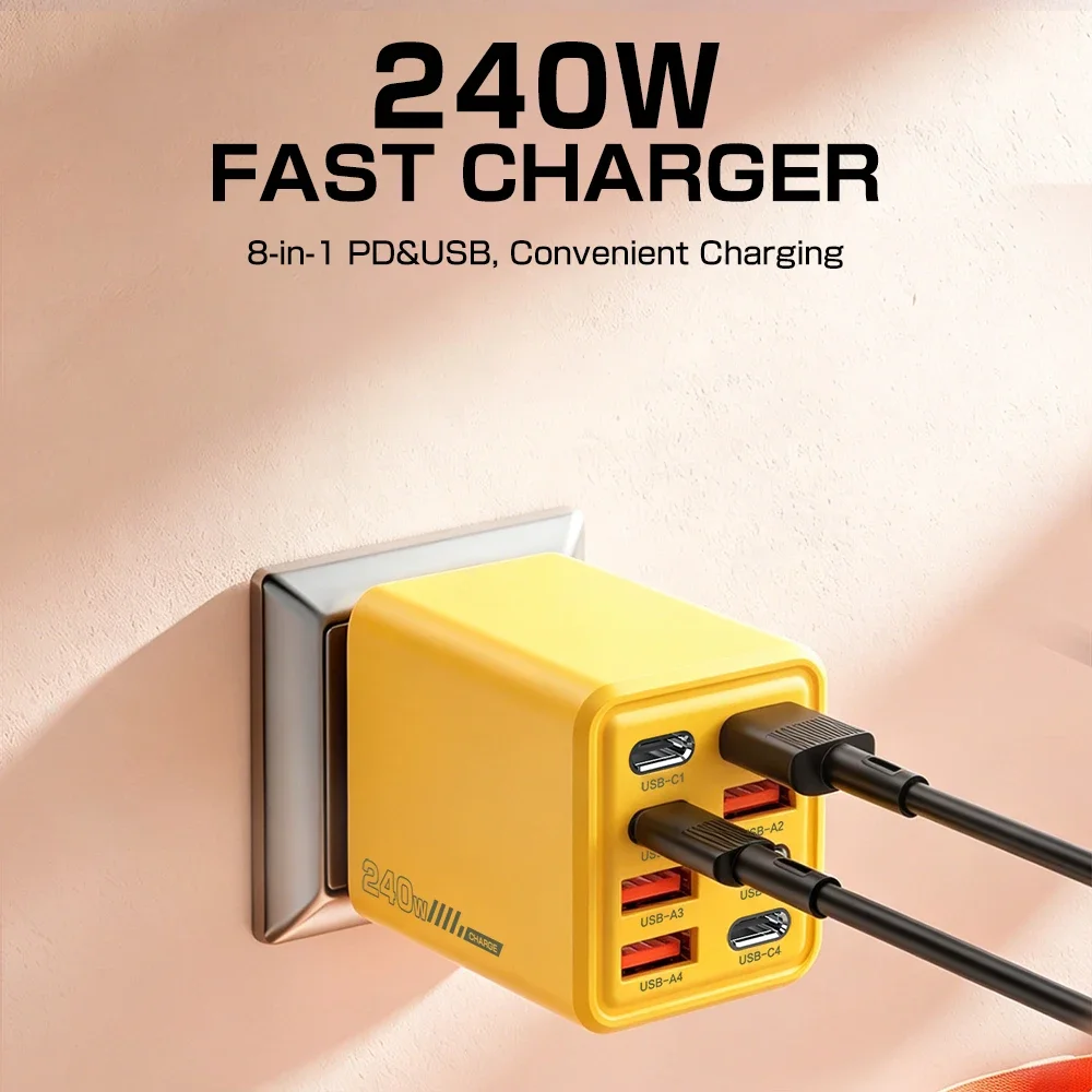 8 in 1 240W Desktop USB Phone Charger Type C Fast Charger 4PD 4USB For iPhone 18 17 Pro Samsung Xiaomi EU US Plug Power Adapter