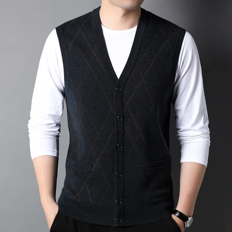 Men's knitted Sweater Vest Cardigan Sleeveless Single Breasted Pure Wool Argyle Pattern Colors Cardigan Autumn Tops Sweaters