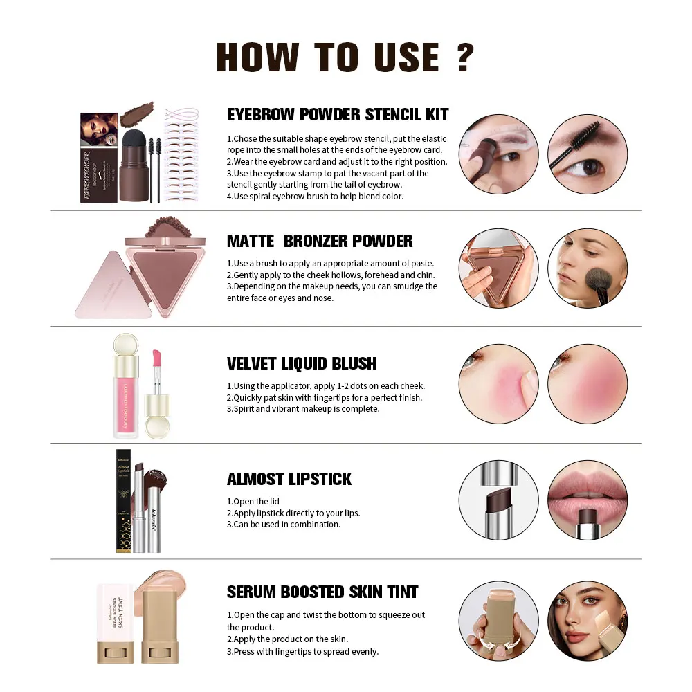 Ensemble de maquillage pour débutant, bâton de rouge à lèvres hydratant au miel, fond de teint, baume, sérum, liquide léger, Blush, Kit de poudre de Bronze mat