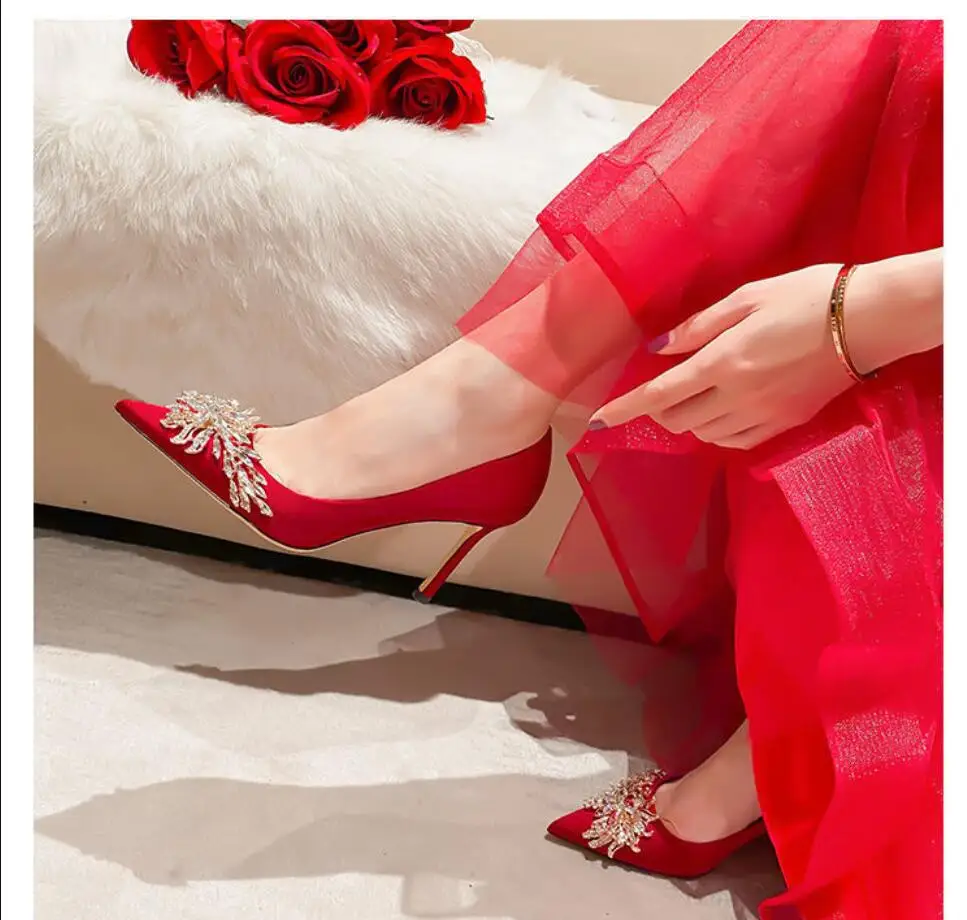 New Autumn Spring New White Women Bridal Wedding Shoes Faux Silk Satin Rhinestone Crystal Shallow Pumps Stiletto High Heel Shoes