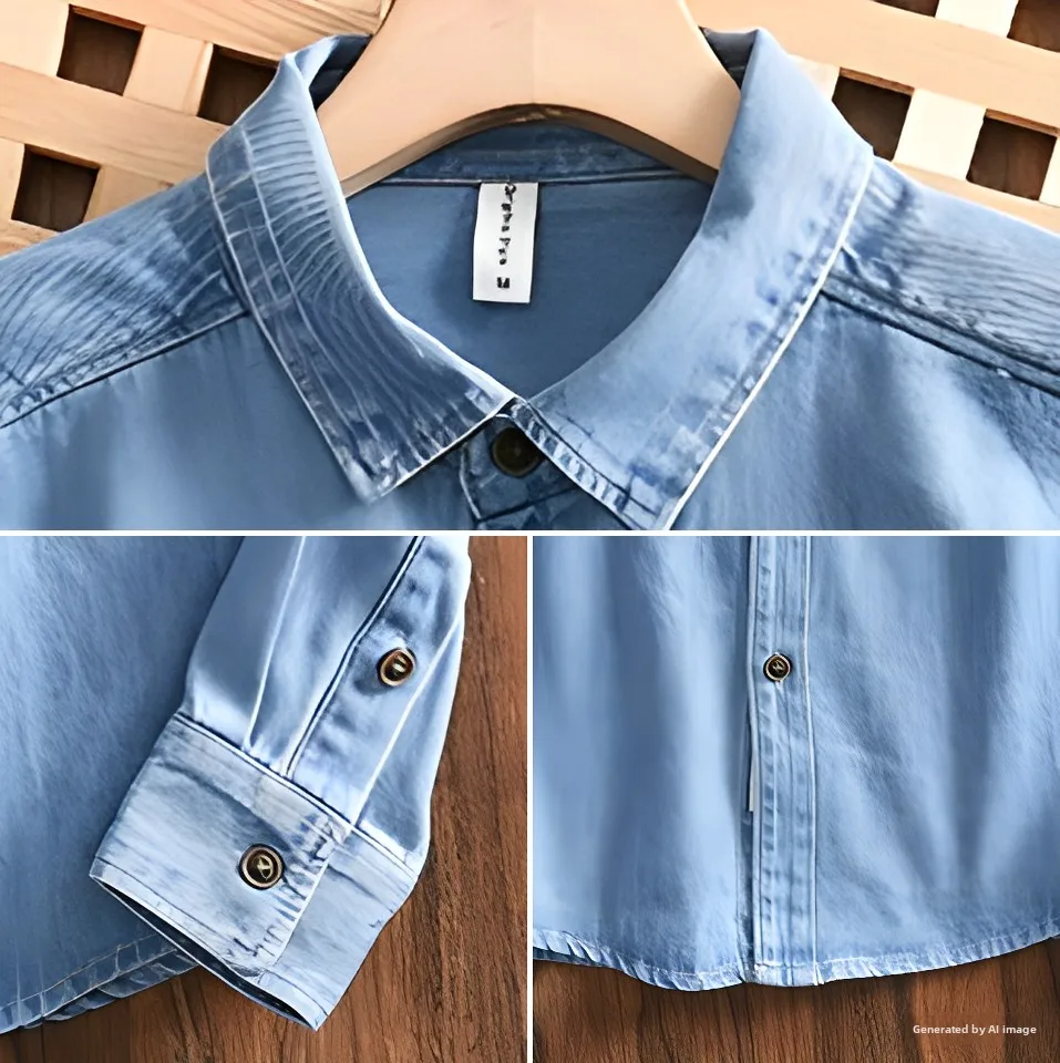 American Retro Pure Color Multi-Pocket Denim Long Sleeve Shirt Men's Casual Loose Versatile Workwear Shirt Polyester FiberYY1